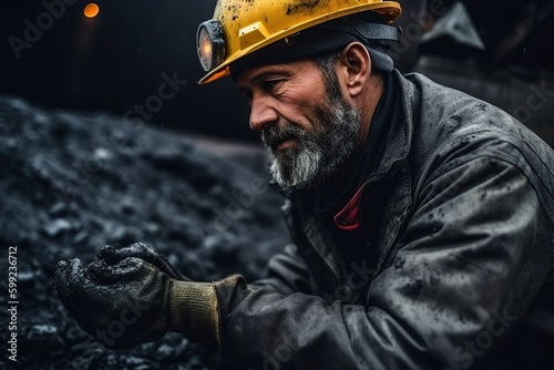 A coal miner grasping a chunk of coal, with black dust on their face and work clothes, in a dimly lit mine. Generative AI