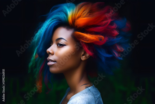 Portrait of young black african american beautiful girl woman with long length fluffy flowing hair. Model with perfect Healthy Dyed Hair. Rainbow Hairstyles. Generative AI.