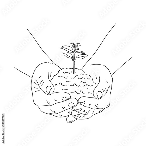 In two hands there is a handful of soil, through which a plant is sprouting. Hand-drawn vector illustration.
