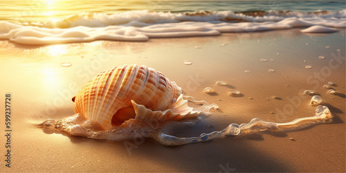 A seashell on the beach with the sun setting behind it with generative ai 