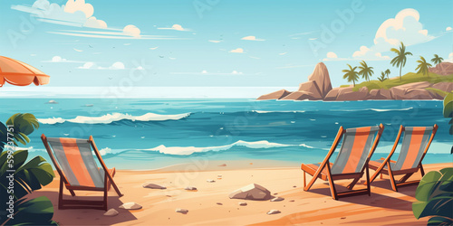 A beach scene with a beach and mountains in the background.