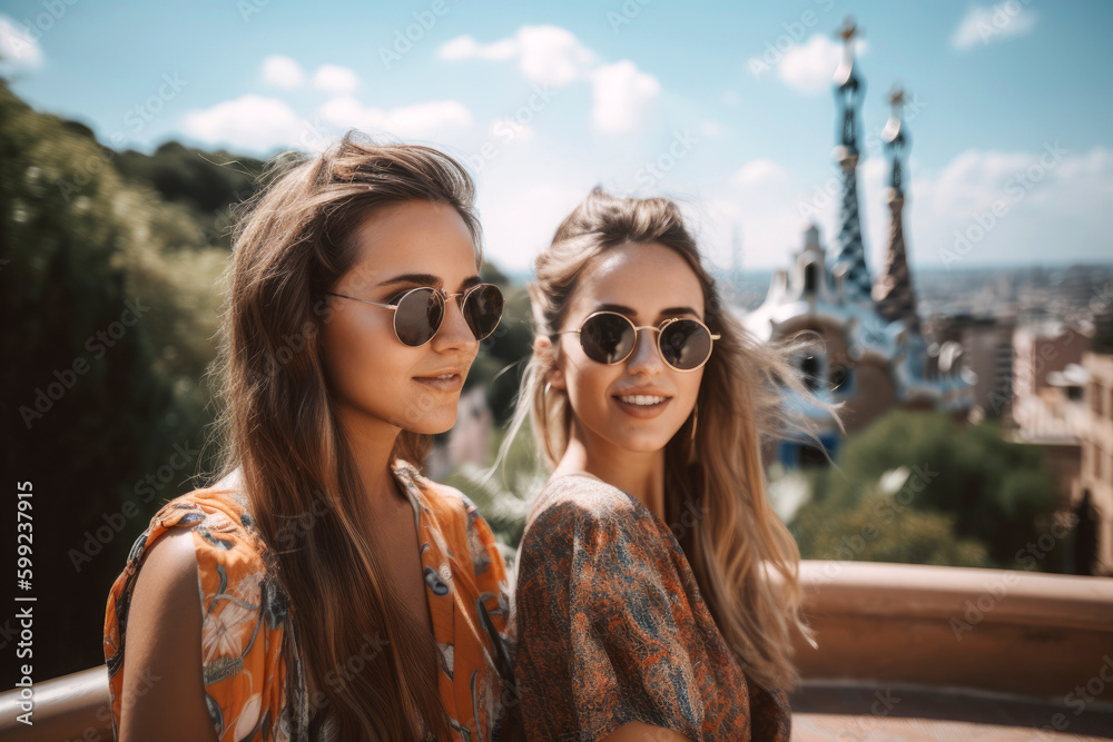 Tourist tour in Barcelona. Two young friends with fashion style and sunglasses enjoying in the Guell park during the holidays in Spain. Illustration. Generative AI