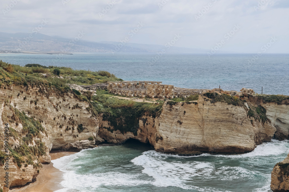 Naklejka premium Pigeons' Rock, a natural landmark in Beirut also known as the Rock of Raouché.