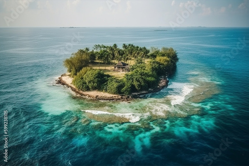 A small island in the ocean with a beach in the background with generative ai  © elchinarts