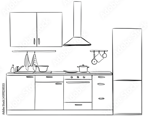 Kitchen cupboard, kitchen shelves, hand drawn interior