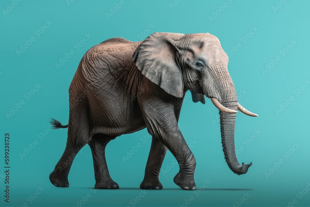 Fototapeta premium Isolated Majestic Elephant Walking Against a Light Blue Background. Witness the magnificence of this gentle giant in its natural habitat. AI Generative