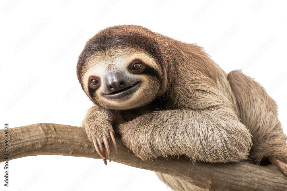 Fototapeta premium Serene Sloth Relaxation. Lazy Sloth Hanging from a Branch on a White Background. Tranquil Leisure AI Generative. 