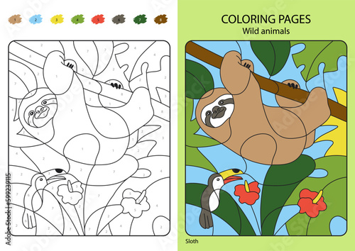 Coloring book for children: cute sloth in the jungle. Vector illustration coloring pages