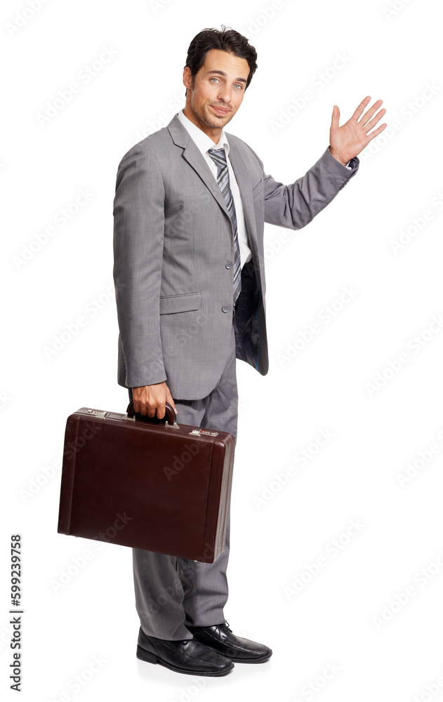Hey there. Full-length of a young executive holding a briefcase and waving at you. Hey there. Full-length of a young executive holding a briefcase and waving at you.