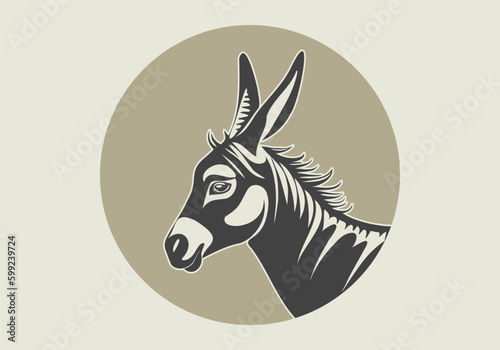 Vector round logo. Simple graphical monochrome donkey, side view on isolated background. Sticker, icon or label.