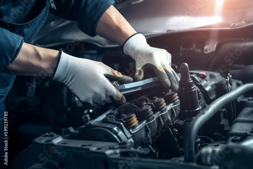 Auto mechanic working on car engine in mechanics garage. Repair service. authentic close-up shot - Generative AI