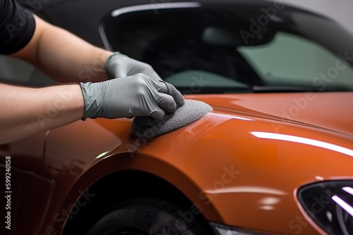 Car detailing - the man holds the polishing microfiber and polishes the red sport car. - Generative AI