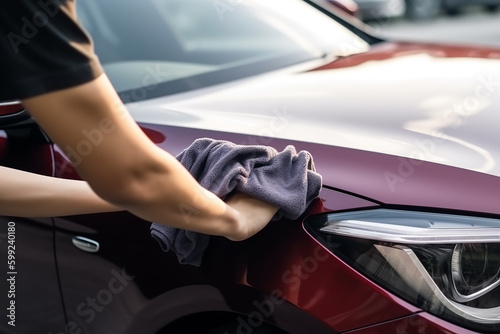 Car detailing - the man holds the microfiber in hand and polishes the black car. Selective focus. - Generative AI © Ployker