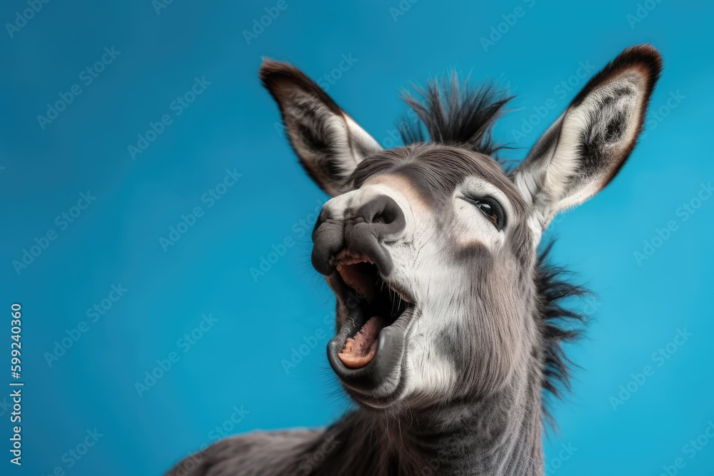 The Screaming Donkey. Grey Donkey Screaming on a Light Blue Background. Expressive Animal AI Generative.
