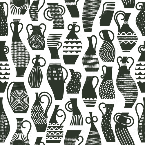 Seamless pattern of ceramic pots. Antique vases with handles and drawings. Beautiful jug and dishes on a white background. Print with an interior item decoration