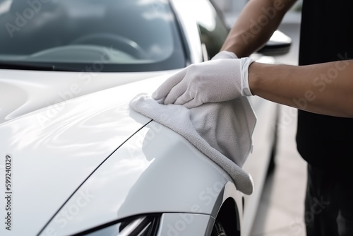 Car detailing - the man holds the microfiber in hand and polishes the white car. Selective focus. - Generative AI © Ployker
