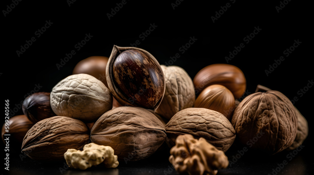 Nuts on a black background. Generative AI Nuts on a black background. Generative AI