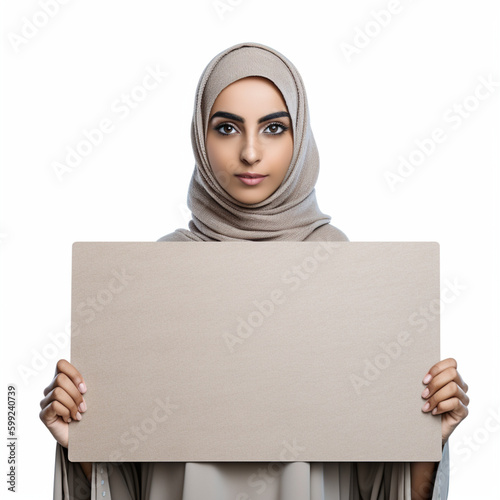 Muslim woman holding blank advertisement paper  (ID: 599240739)