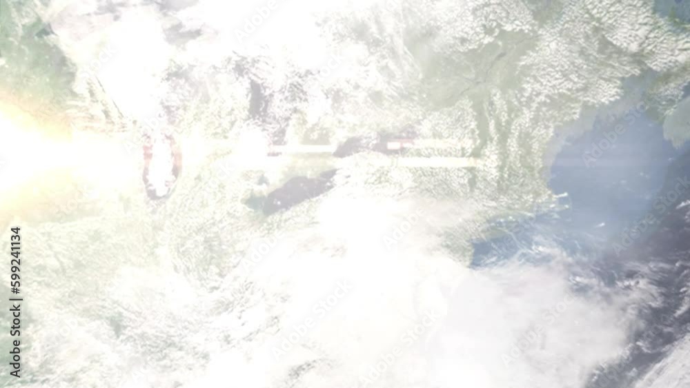 Earth zoom in from outer space to city. Zooming on Jamestown, New York, USA. The animation continues by zoom out through clouds and atmosphere into space. Images from NASA