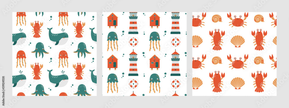 Set of fancy seamless patterns with cute sea animal, jellyfish, lighthouse, beach house, whale. Flat hand drawn summer backgrounds for wrapping paper, children merch, baby shower, fabric, textile