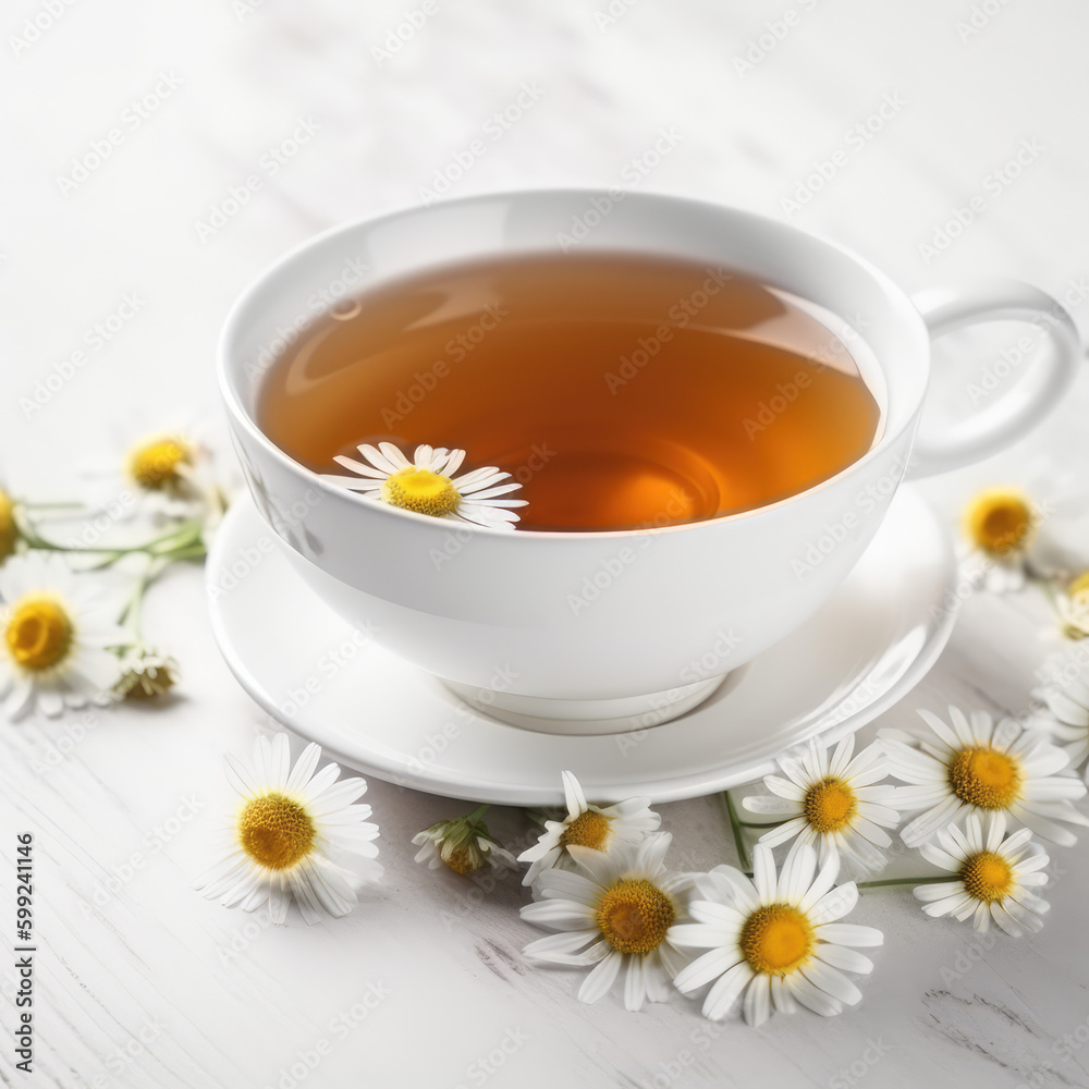 Calming Herbal Infusion. Hot chamomile tea with honey in a white ceramic mug on white background. Copy space for text. Beverage concept AI Generative Calming Herbal Infusion. Hot chamomile tea with honey in a white ceramic mug on white background. Copy space for text. Beverage concept AI Generative