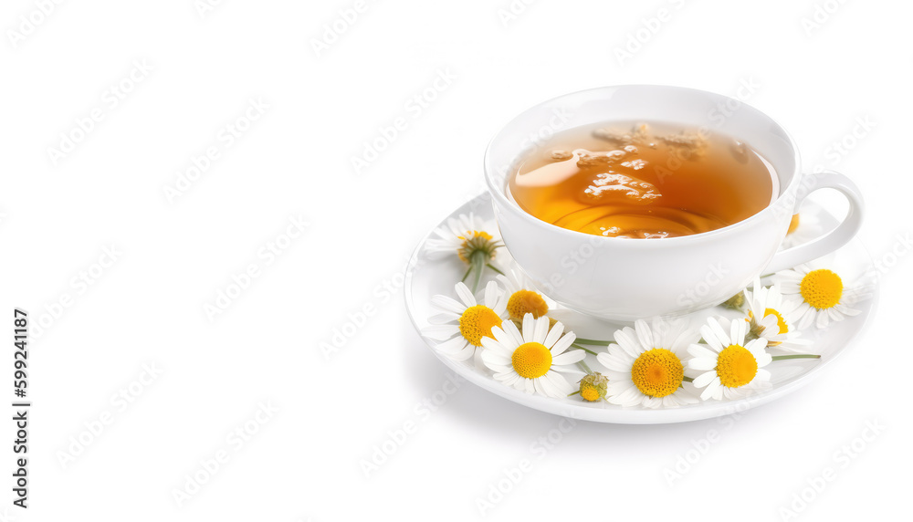 Calming Herbal Infusion. Hot chamomile tea with honey in a white ceramic mug on white background. Copy space for text. Beverage concept AI Generative Calming Herbal Infusion. Hot chamomile tea with honey in a white ceramic mug on white background. Copy space for text. Beverage concept AI Generative