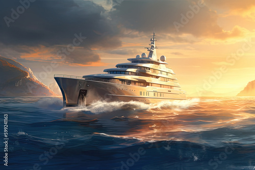 White superyacht at sea, a luxury super yacht on the ocean, A luxury mega yacht with golden glass, the ocean at a sunset, generative ai