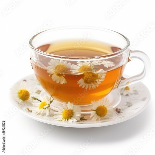Calming Herbal Infusion. Hot chamomile tea with honey in a white ceramic mug on white background. Copy space for text. Beverage concept AI Generative