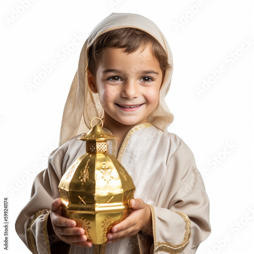 Arab Muslim child holding Ramadan lantern lamp on white isolated background (ID: 599241174)