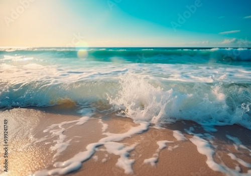Close-up of some waves breaking on the shore of the beach. AI Generated. Summer concept, outdoor vacation