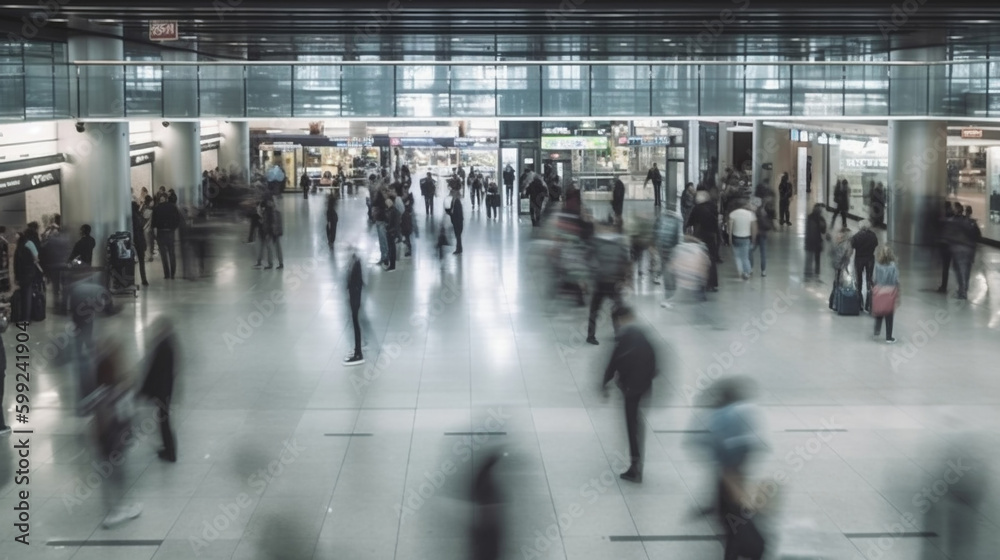 People traveling, walking through airport, motion blur, wide shot. Generative AI