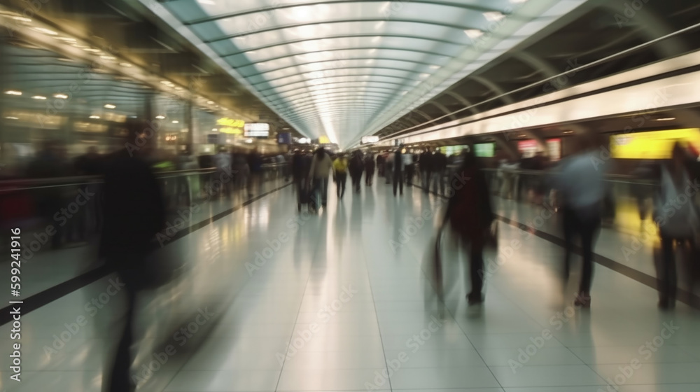 People traveling, walking through airport, motion blur, wide shot. Generative AI