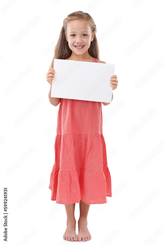 All kids will love this. Full length shot of a young girl holding a blank sign for copyspace. All kids will love this. Full length shot of a young girl holding a blank sign for copyspace.