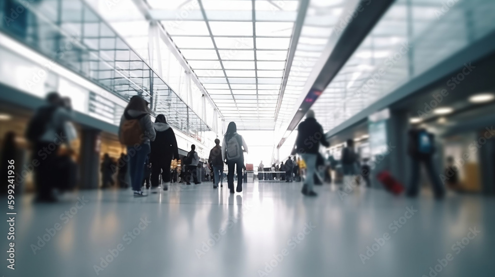 People traveling, walking through airport, motion blur, wide shot. Generative AI