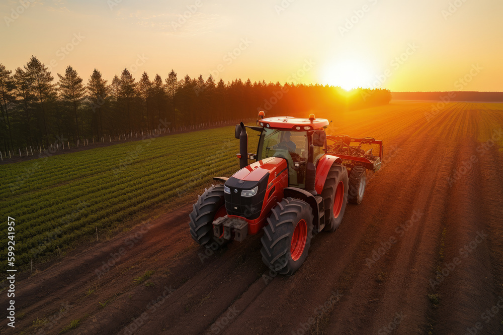 Farmer with tractor seeding crops at field, aerial drone view. AI Generative Farmer with tractor seeding crops at field, aerial drone view. AI Generative