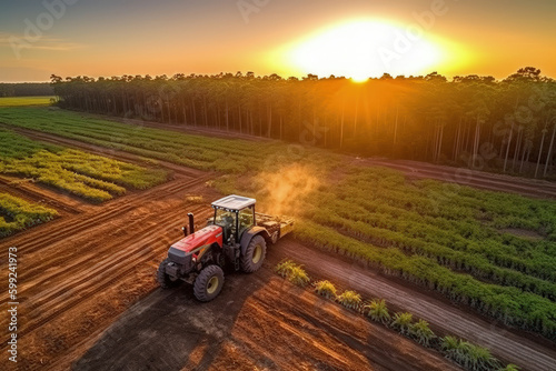 Farmer with tractor seeding crops at field, aerial drone view. AI Generative