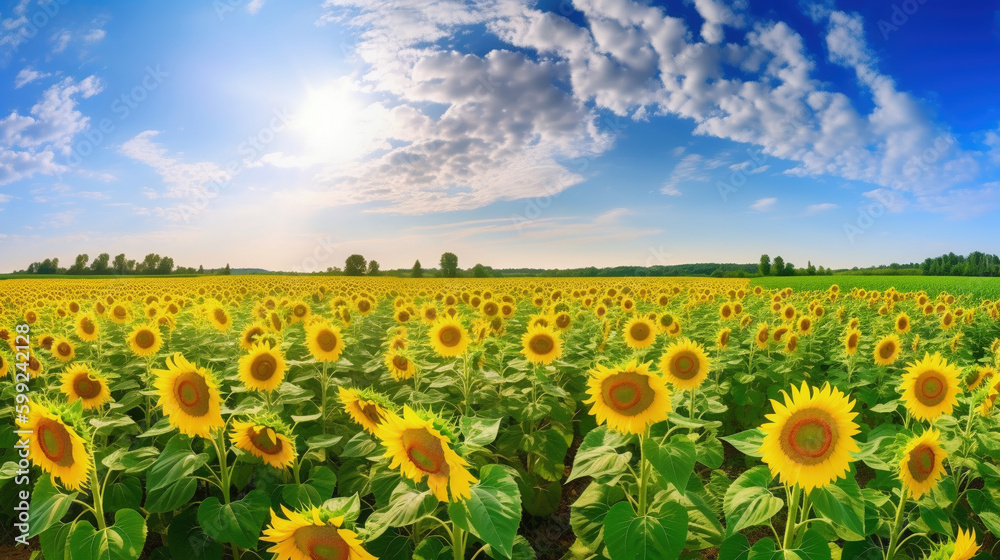 Sunflower Farmland With Blue Cloudy Sky. AI Generative Sunflower Farmland With Blue Cloudy Sky. AI Generative