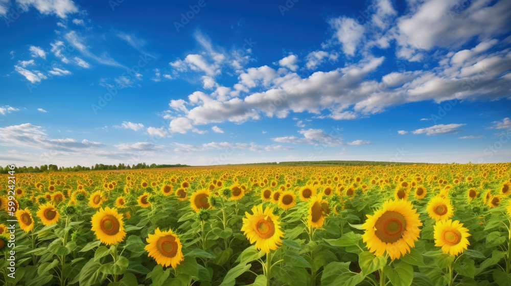 Sunflower Farmland With Blue Cloudy Sky. AI Generative Sunflower Farmland With Blue Cloudy Sky. AI Generative