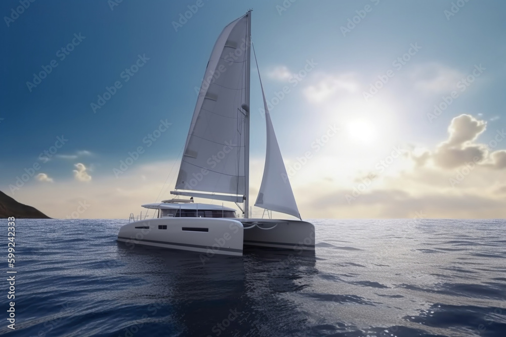 Fototapeta premium Sailing catamaran on a background of a beautiful sunset in the sea. AI Generative