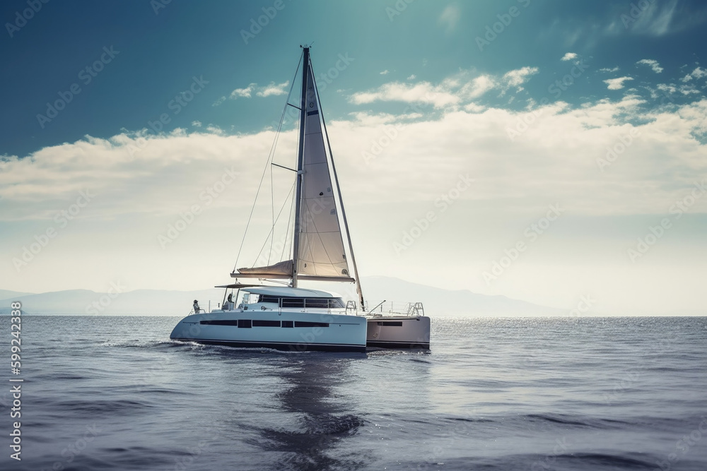 Naklejka premium Sailing catamaran on a background of a beautiful sunset in the sea. AI Generative