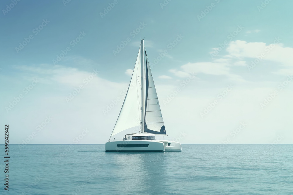 Sailing catamaran on a background of a beautiful sunset in the sea. AI Generative