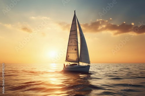 Sailboat sailing under a beautiful sunset. AI Generative