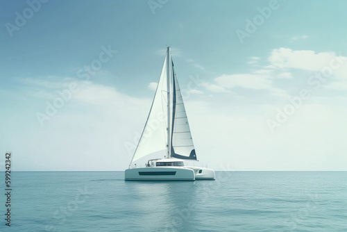Sailing catamaran on a background of a beautiful sunset in the sea. AI Generative