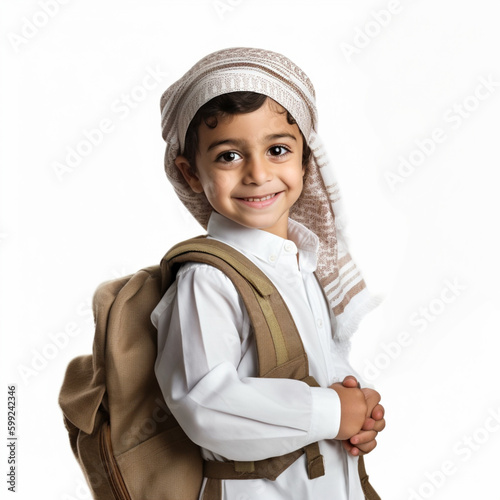 Arab Muslim child with school backpack bag on white isolated background (ID: 599242346)