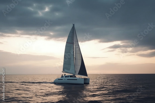 Sailing catamaran on a background of a beautiful sunset in the sea. AI Generative © Rafa Fernandez