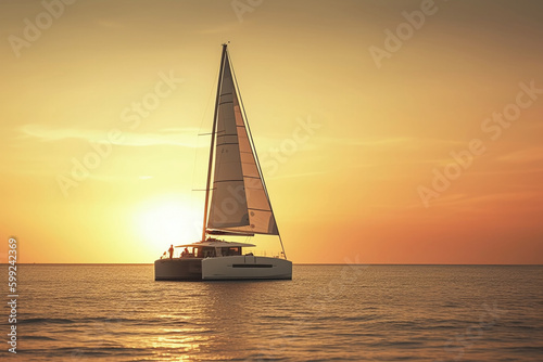 Sailing catamaran on a background of a beautiful sunset in the sea. AI Generative photo