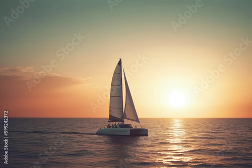 Sailing catamaran on a background of a beautiful sunset in the sea. AI Generative