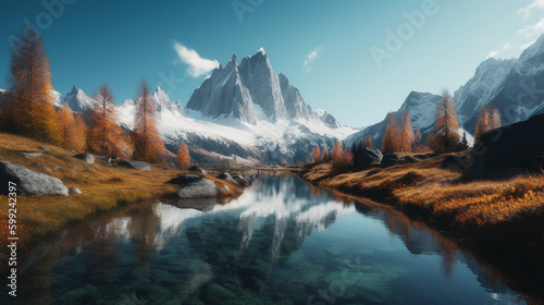 Majestic Mountain Landscape with Alpine Lake Reflection (generative AI)