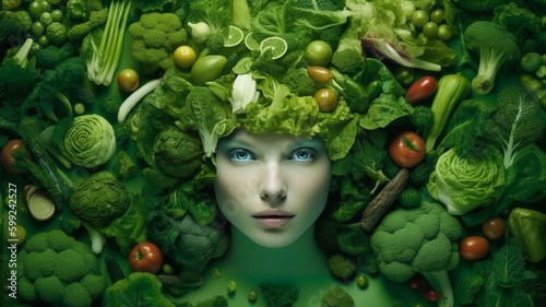 Portrait of a young woman who lies, and around her a large number of green vegetables and fruits for proper nutrition. Concept nutriciology and healthy lifestyle photo