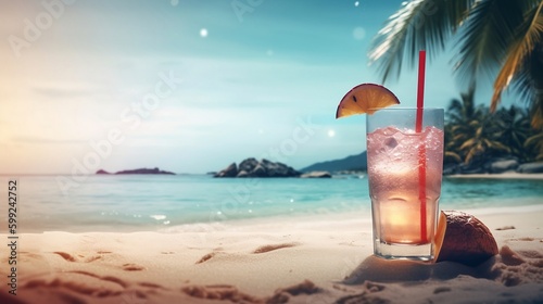 Tropical cocktails on the beach. Generative AI